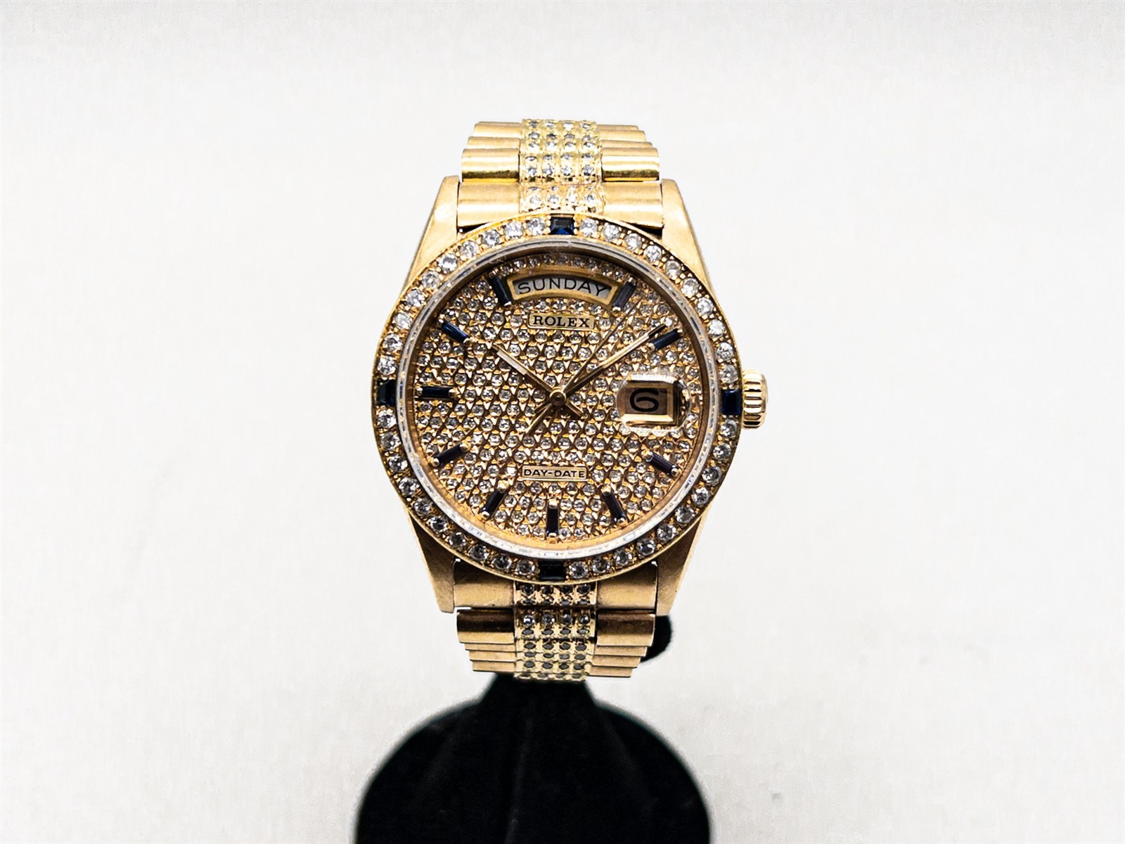 $50,000 18038 ROLEX MENS PRESIDENT DAY DATE 7ct Blue Sapphire Diamond Watch WTY