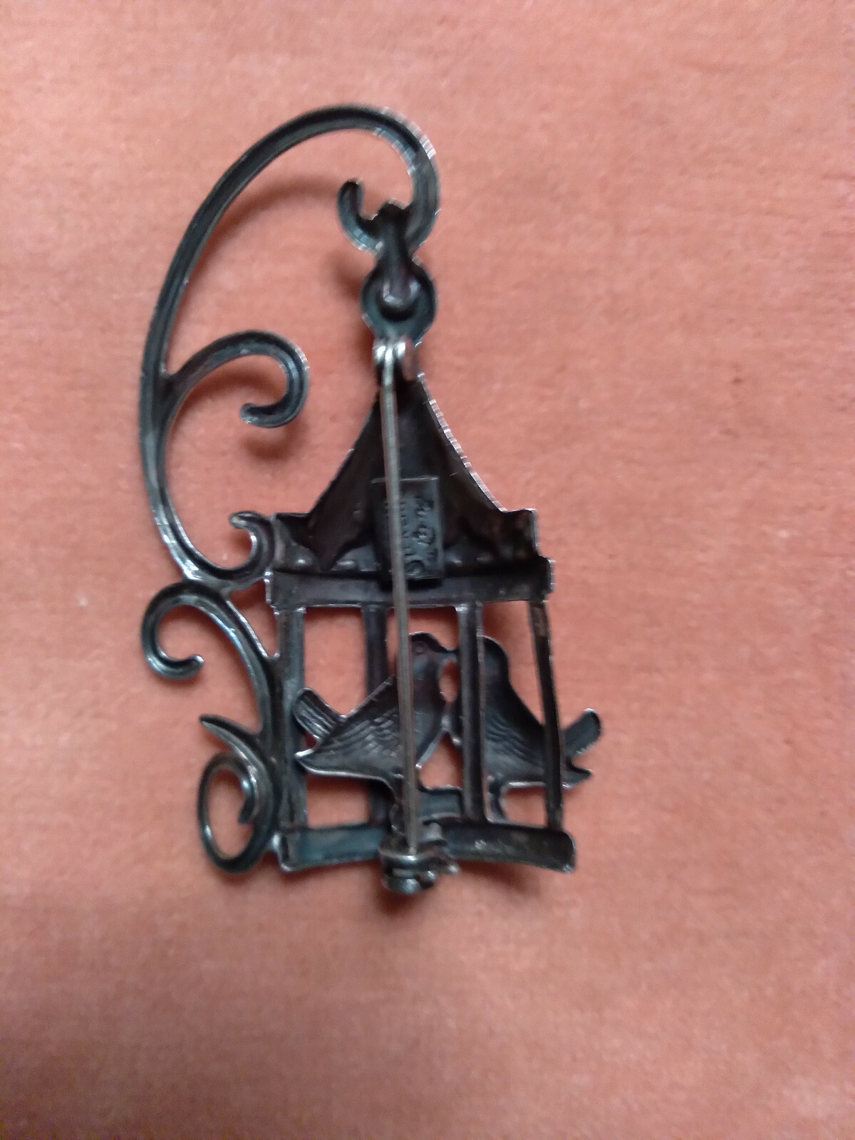 Vintage Signed Lang Sterling Silver Pin Love Birds in Bird Cage 2 1/8″ by 1 1/8″