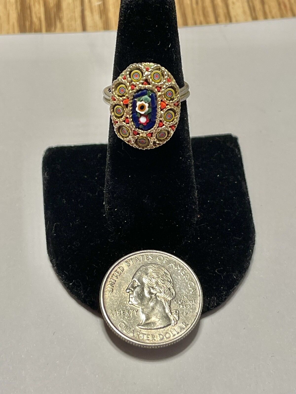 Vintage Pieter Dura Micro Mosaic Oval Goldtone Ring Italy Size 5 Adjustable