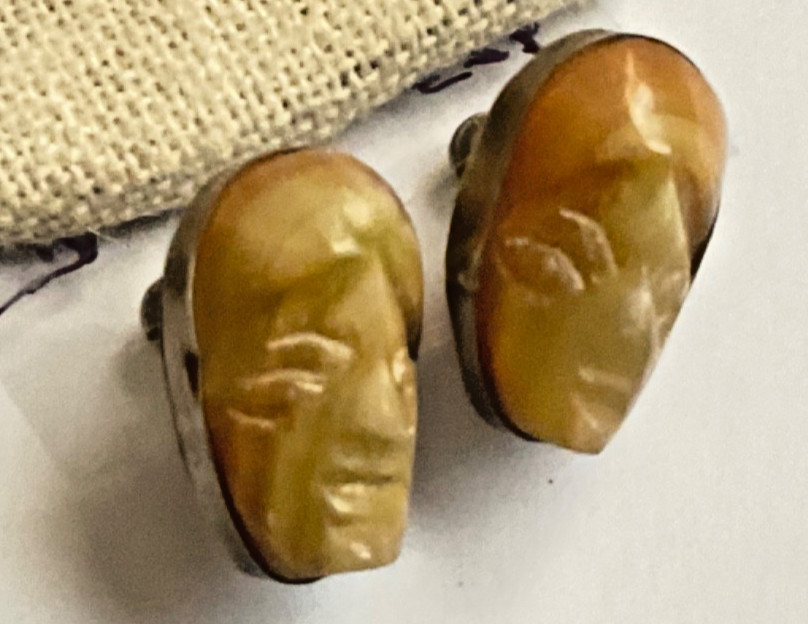 Vtg Signed Sterling Silver & Stone Face Native American Earrings approx 3/4 in