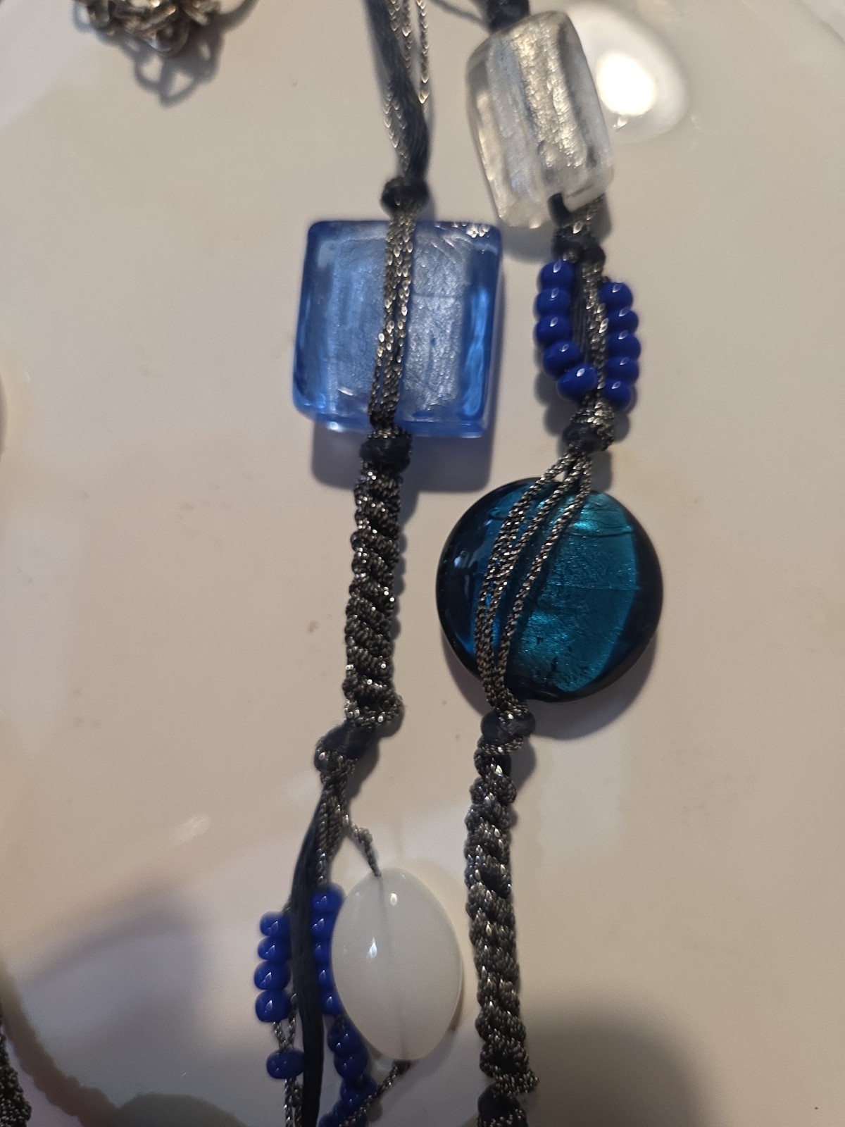 Chico’s Blue Glass Beaded Multi Strand Statement Necklace Adjustable Silver Tone