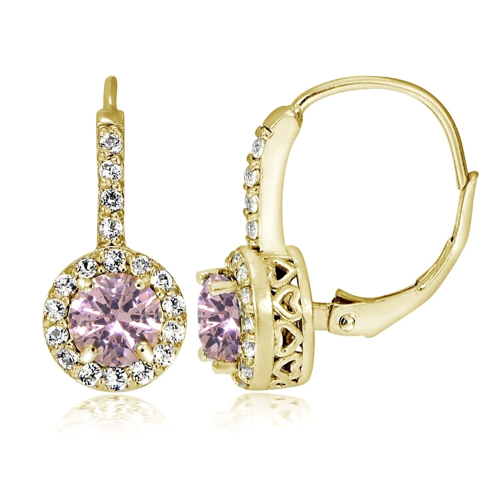 Gold Tone over Silver Simulated Pink Tourmaline 5mm Round & CZ Accents Earrings
