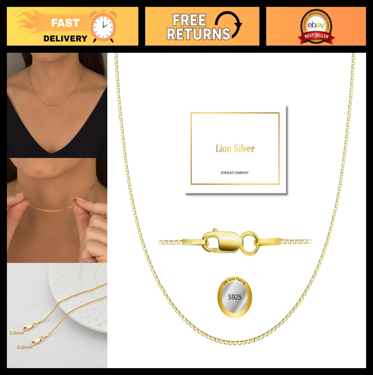 Sterling Silver & 14K Gold Box Chain Necklace for Women – Strong, 7 Lengths Avai