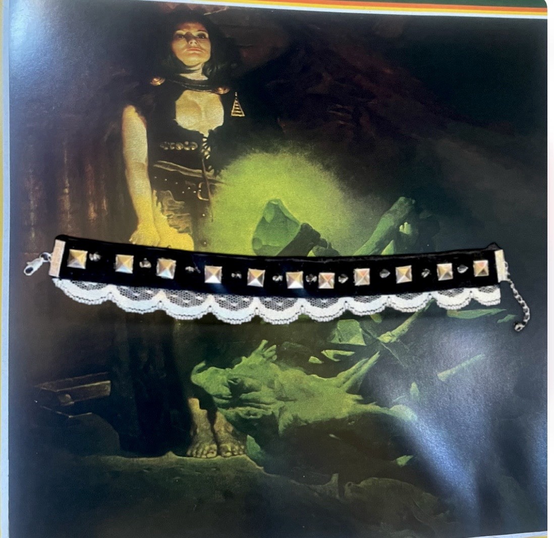 Gothic Black Lace Studded Choker Necklace White Trim Adjustable