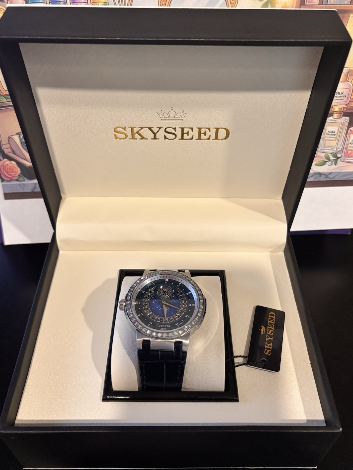 SKYSEED Luxury Blue Dial Diamond Accent Automatic Watch Blue Leather Strap