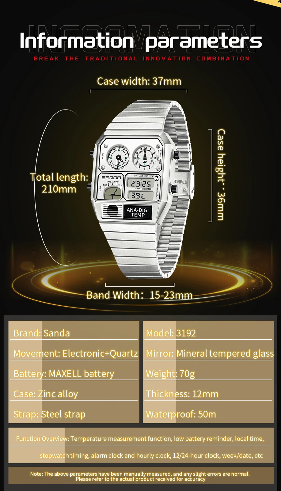 SANDA 3192 Men’s Square Digital Watch LED Thermometer Stopwatch 50M Waterproof