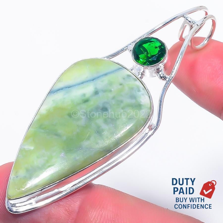 Natural GREEN OPAL Chrome Diopside Channel Set Mother Pendant Sterling Silver