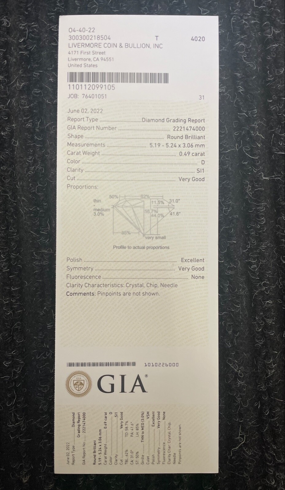 Beautiful Diamond .49 Carat D Color SI1 Clarity Cut Grade Very Good GIA Cert.