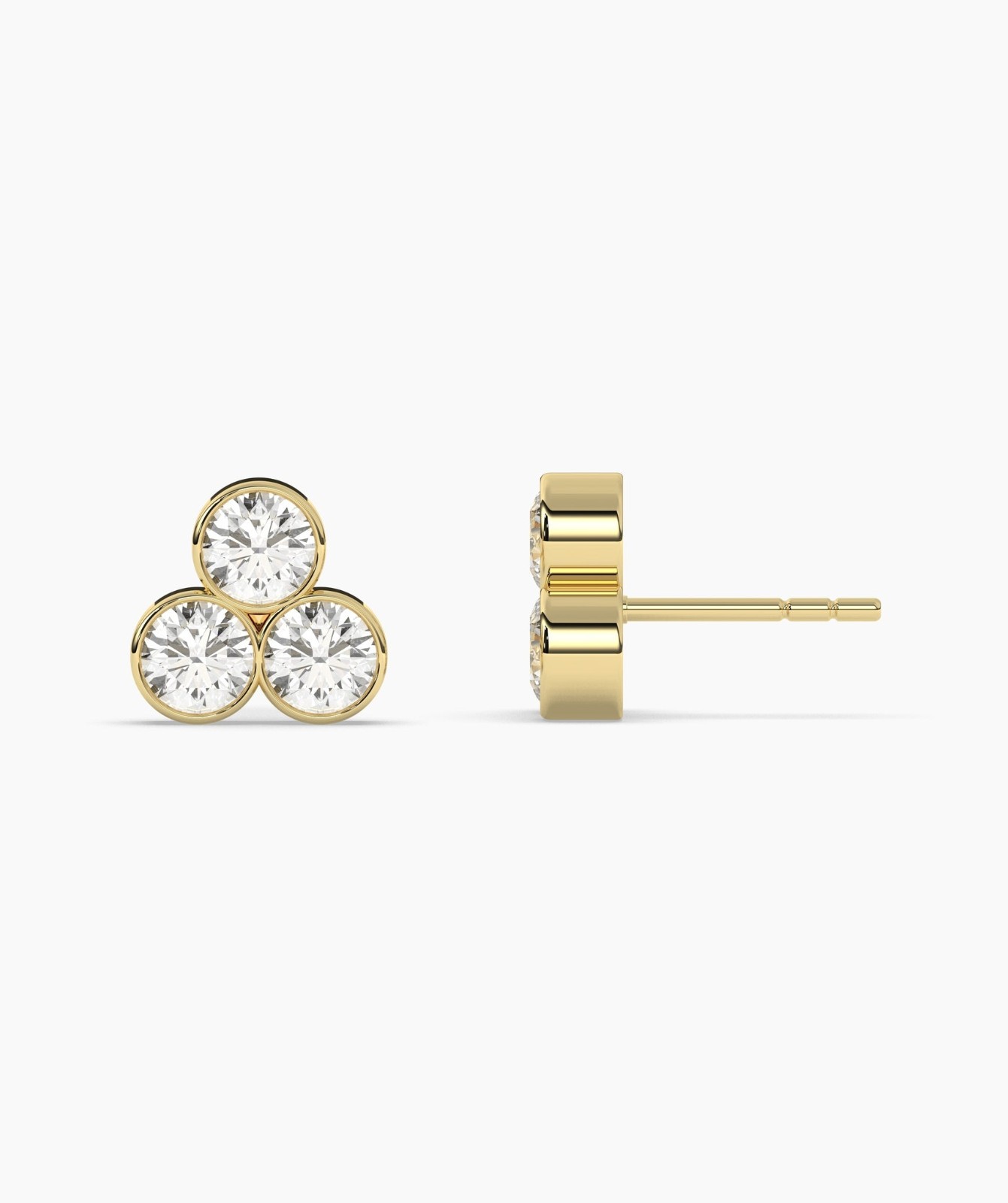 Round Cut Lab Grown Diamond 14K Solid Gold Dainty Trio Bezel Set Stud Earrings