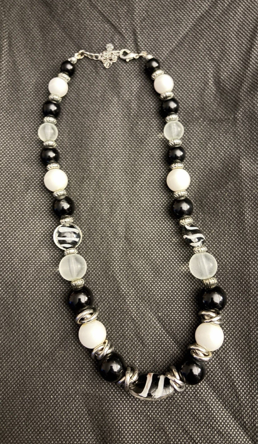 Black White Silver Plastic Beaded Necklace, Ball/Bead Chain, Lobster Closure