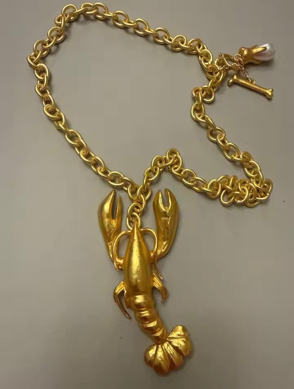 Gold Color Plated Brass Lobster Pendant Necklace Chunky Statement Vintage Style