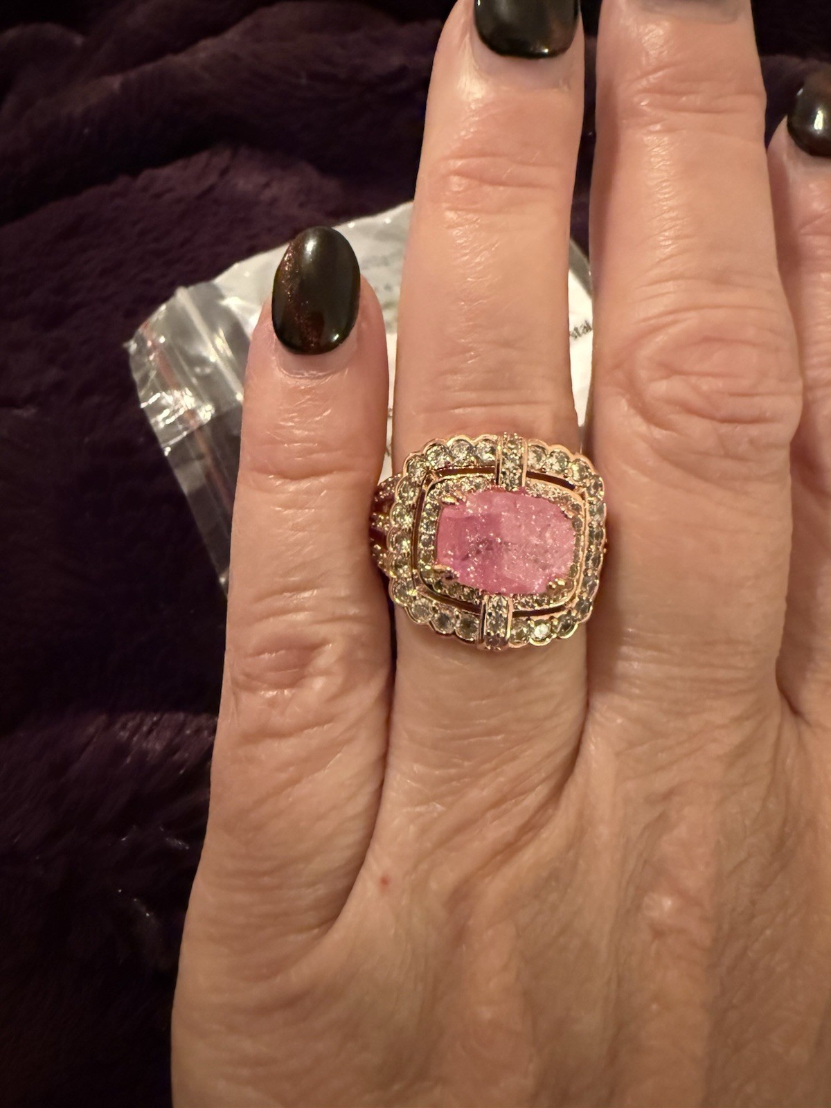 RG27359 Fierce Reverie Pink Cushion Crystal Cocktail Ring Rose Gold Sz 8
