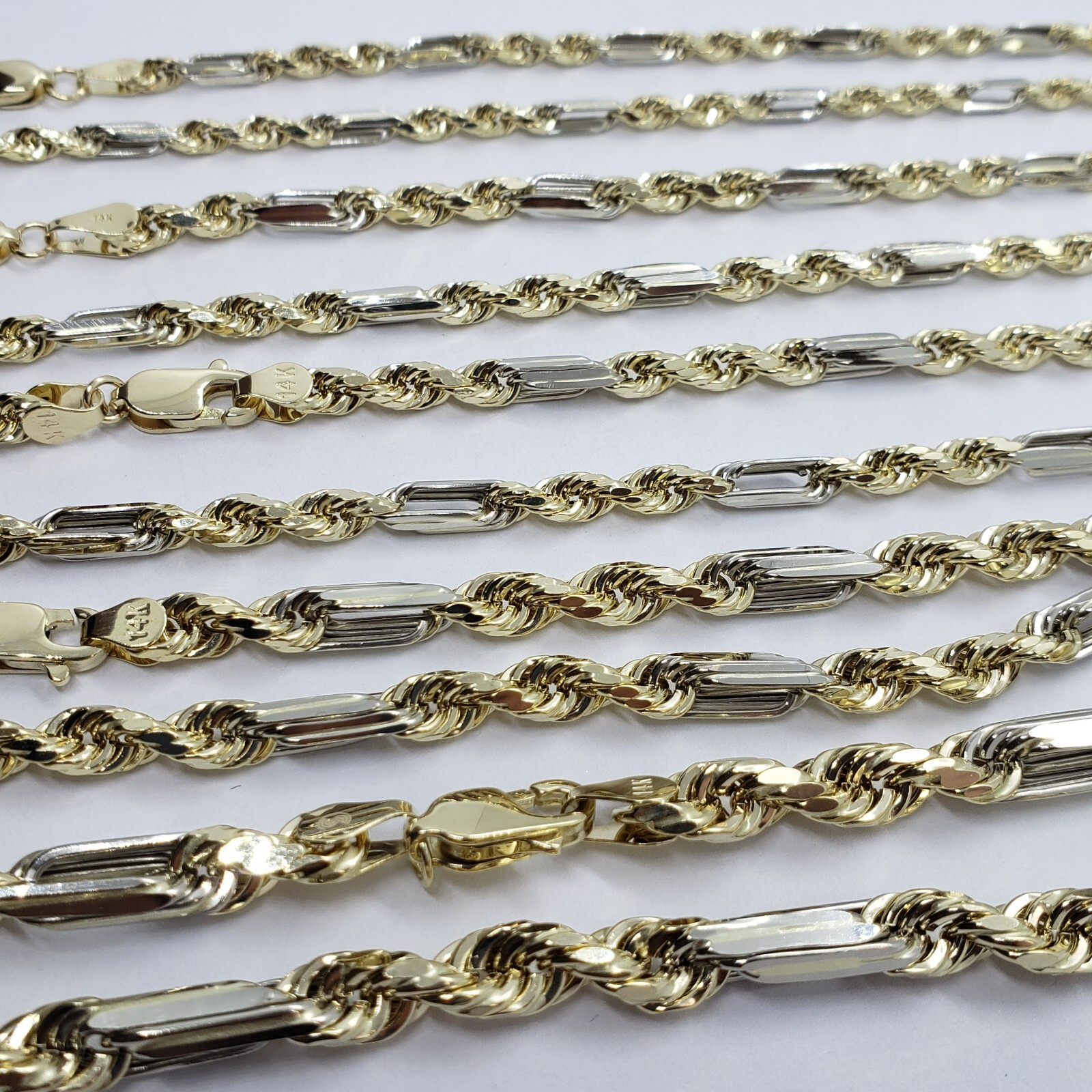 Authentic 14k Real Gold Two Tone Figarope Chain Necklace Lobster 3mm-6mm 18″-30″