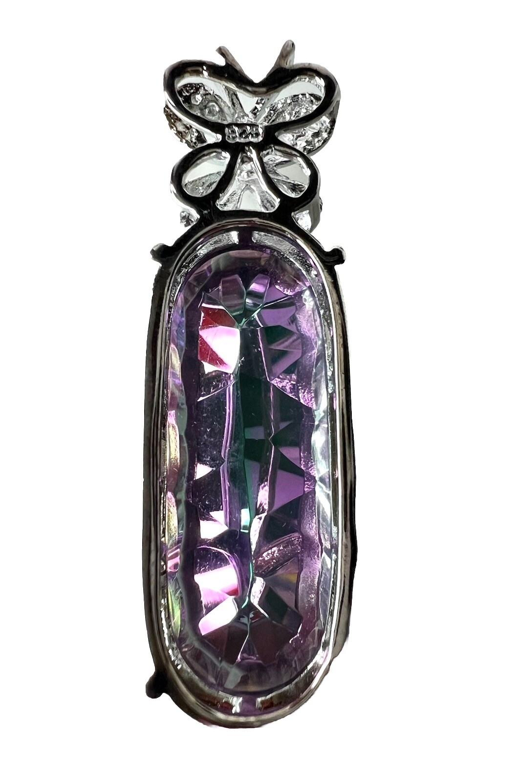 STERLING SILVER 925 Mystic Topaz Oblong Pendant Butterfly 1.5” L Purple Green