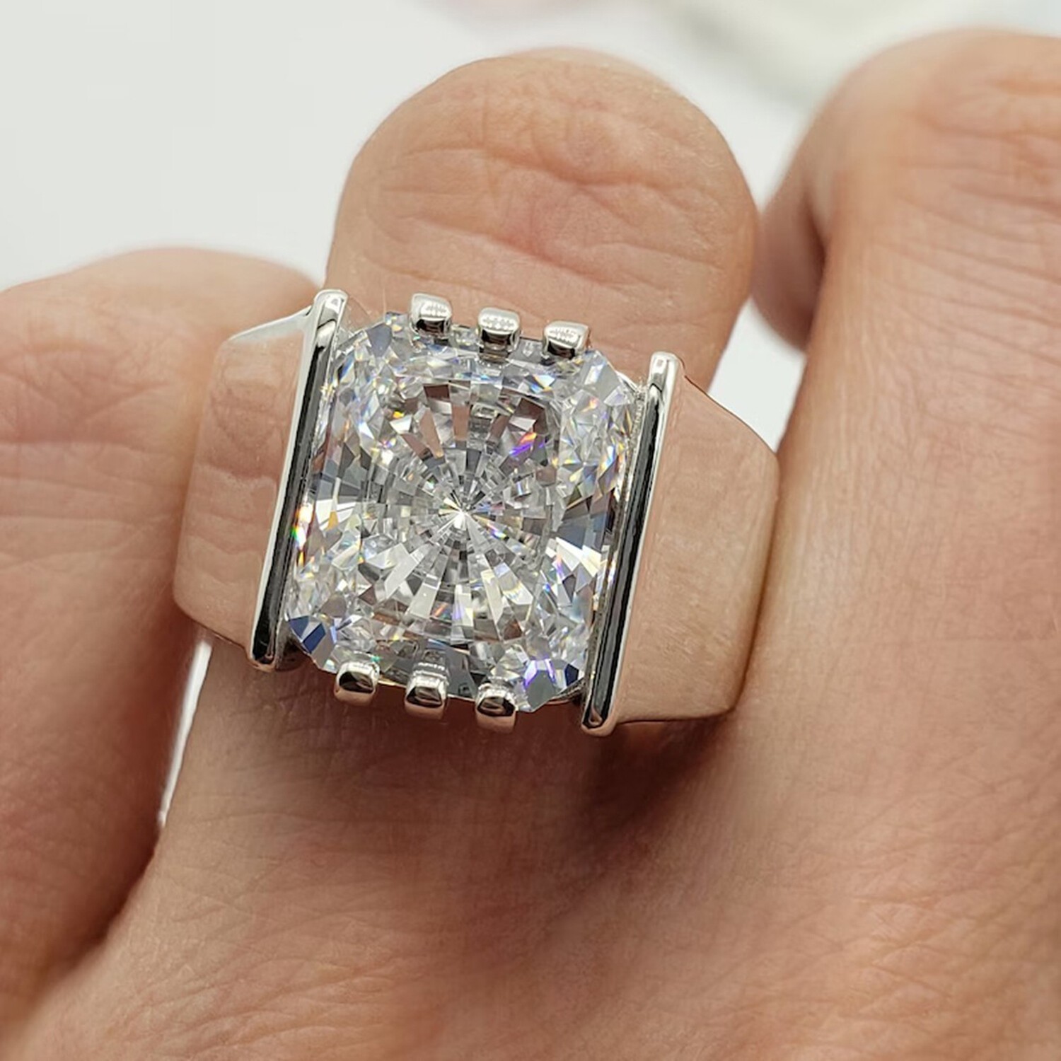 Men’s 5.42 Ct White Lab Grown Diamond Radiant Cut Solitaire Ring 925 Silver