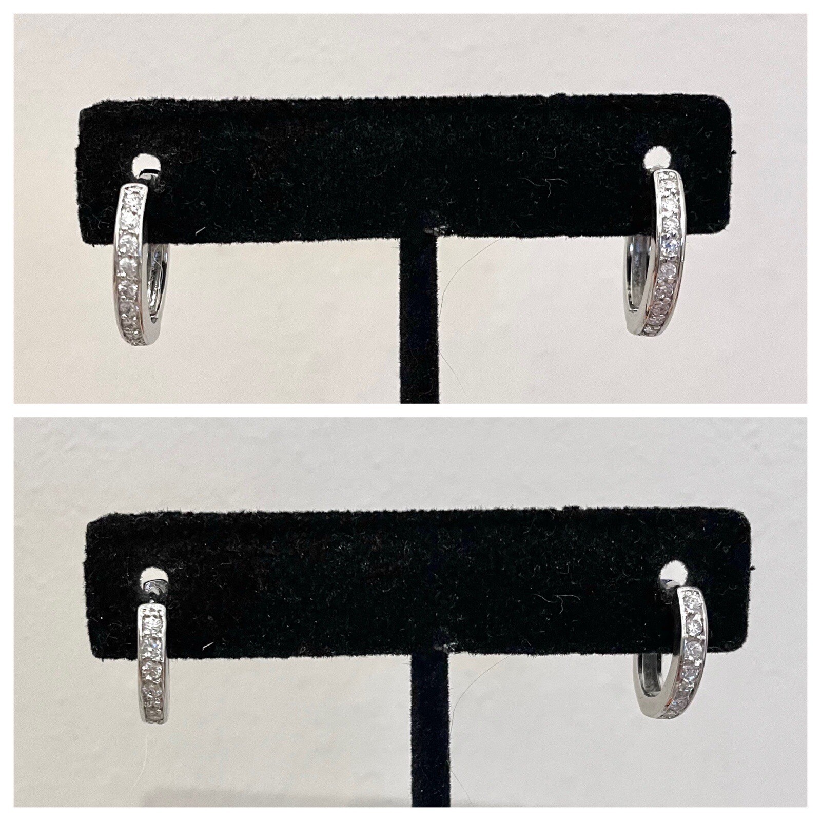 Stamped 925 Sterling Silver Pave Crystal Hoop Earrings Set of 2 Diff Sizes