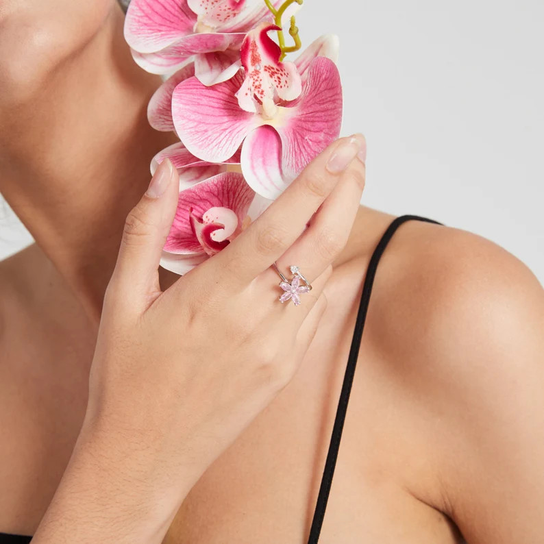 Pink Flower Fidget Spinner Ring in 925 Sterling Silver