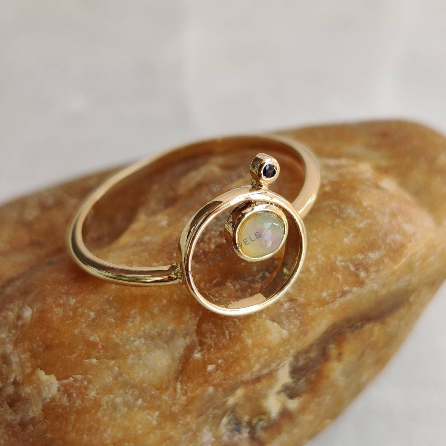 0.11 Ct Natural Opal Sapphire Band Ring 14K Gold Minimalist Birthstone Design