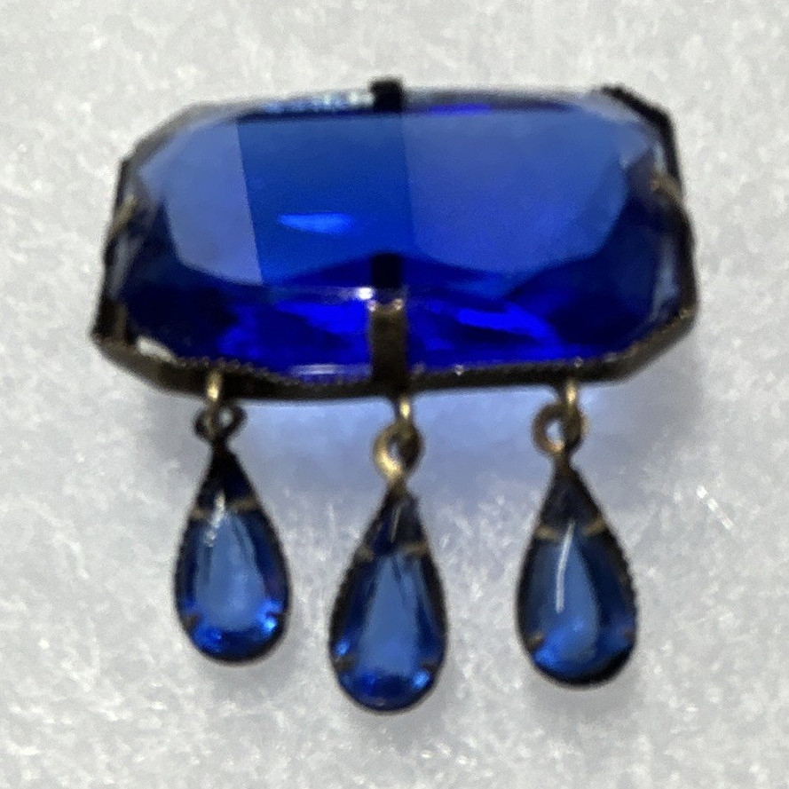 Vintage Czech Cobalt Blue Faceted Glass Dangle Brooch Pin w/ 3 Teardrop Drops