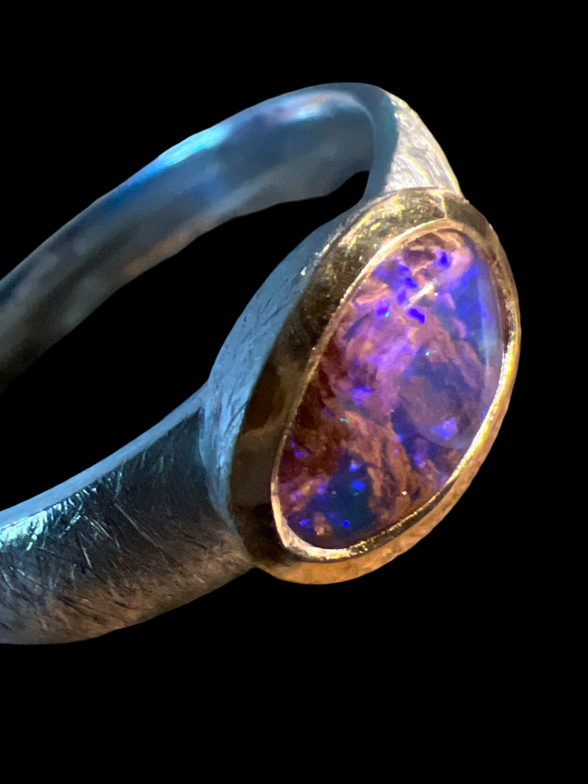 Blue Red Moon Opal 10mm x 7mm Ring in Sterling Silver with Gold Plated Setting