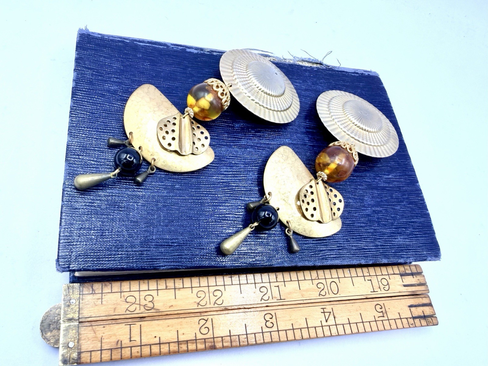 Vintage 1980s Gold Tone Brass Egyptian Revival Earrings Imperfect NOS RO-DO HG