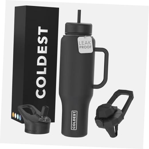 Coldest Tumbler with Handle and Straw – 100% Leak Proof 46 oz Stealth Black