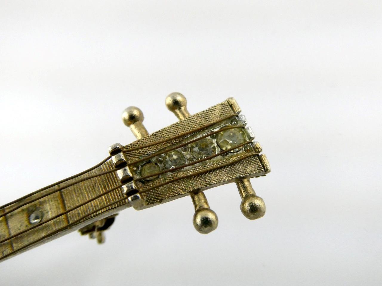 Vintage R Mandle Signed Mandolin Brooch Musical Instrument Pin White Rhinestones