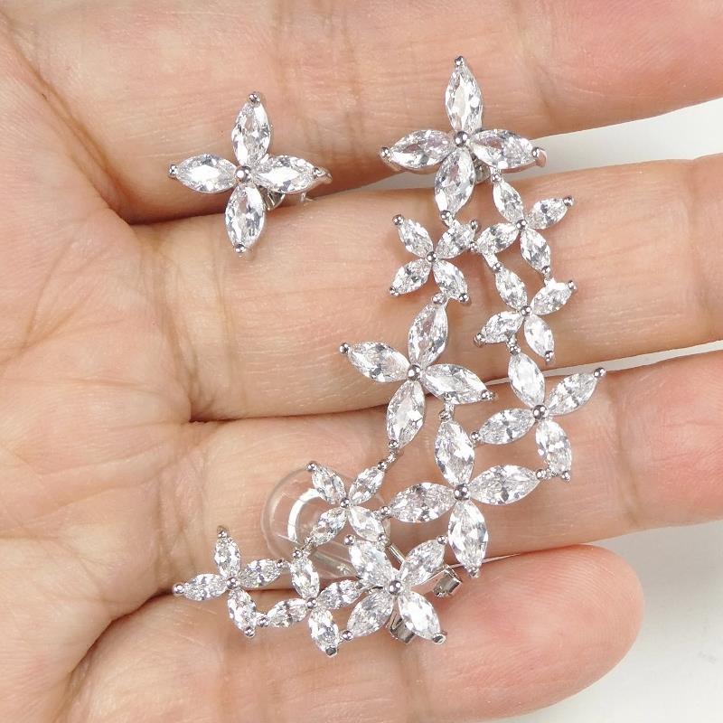 Sterling Silver Post CZ Asymmetrical Flower Earrings Ear Cuff Crawler Climber