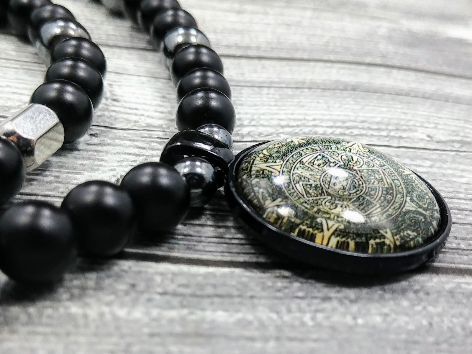 24″L Mexican Aztec Calendar Pendant 8mm Onyx+Hematite Gemstone Beaded Necklace