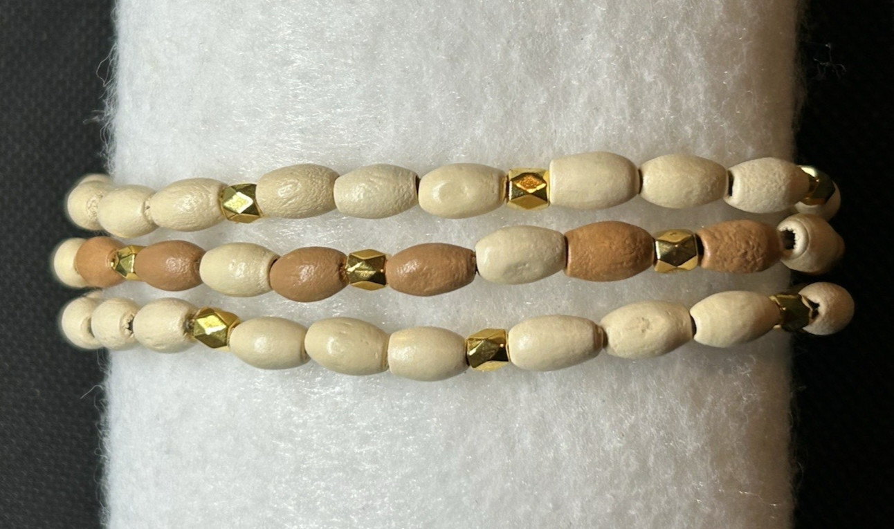 Ivory & Tan with gold accents Bamboo Wooden Beaded Bracelet Set Size M