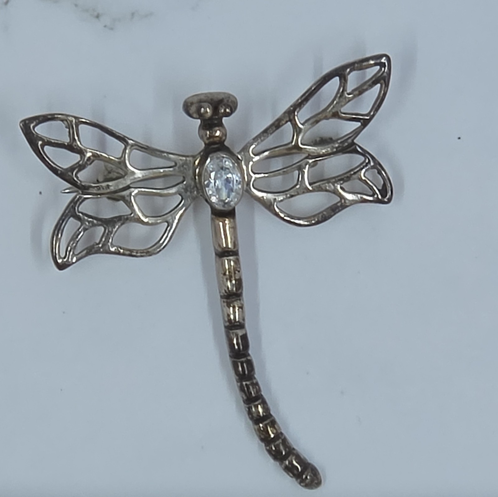 Dragonfly Brooch Pin Silver Tone Metal Clear Oval Rhinestone Center Stone