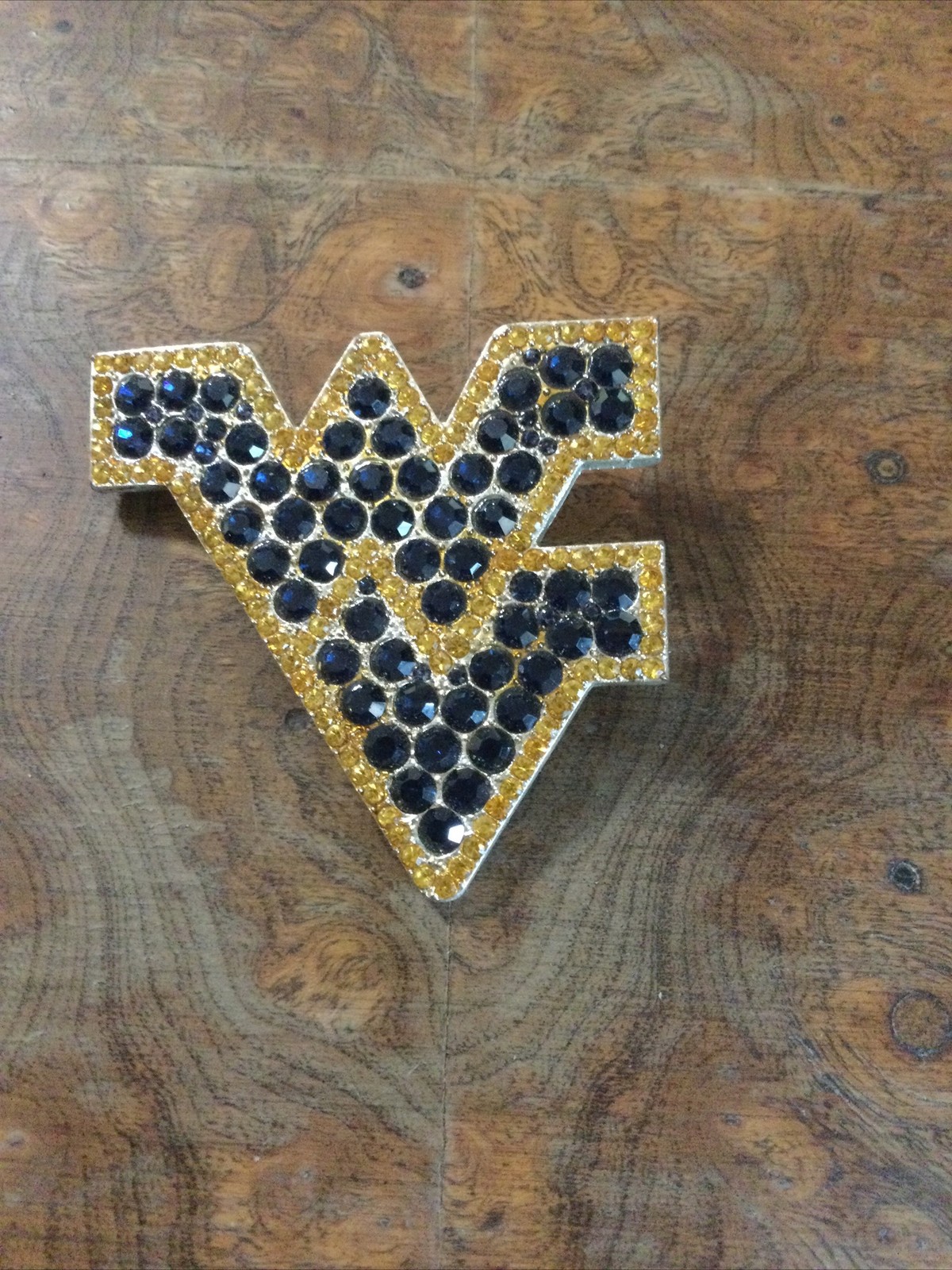 West Virginia Flying WV Rhinestone Brooch Pin Blue Gold Tone