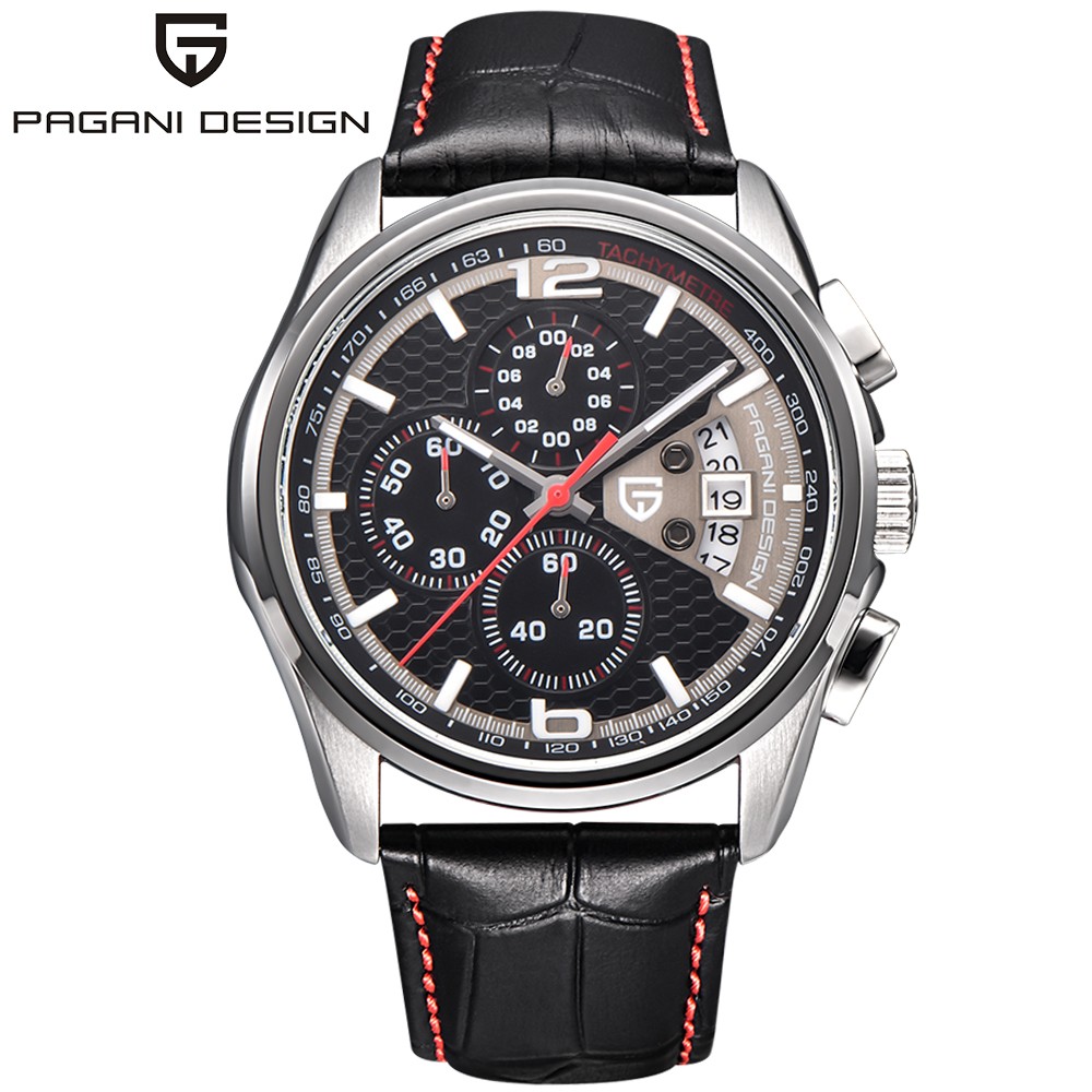PAGANI DESIGN Mens Chronograph Leather Watches Stainless Steel Quartz Wristwatch
