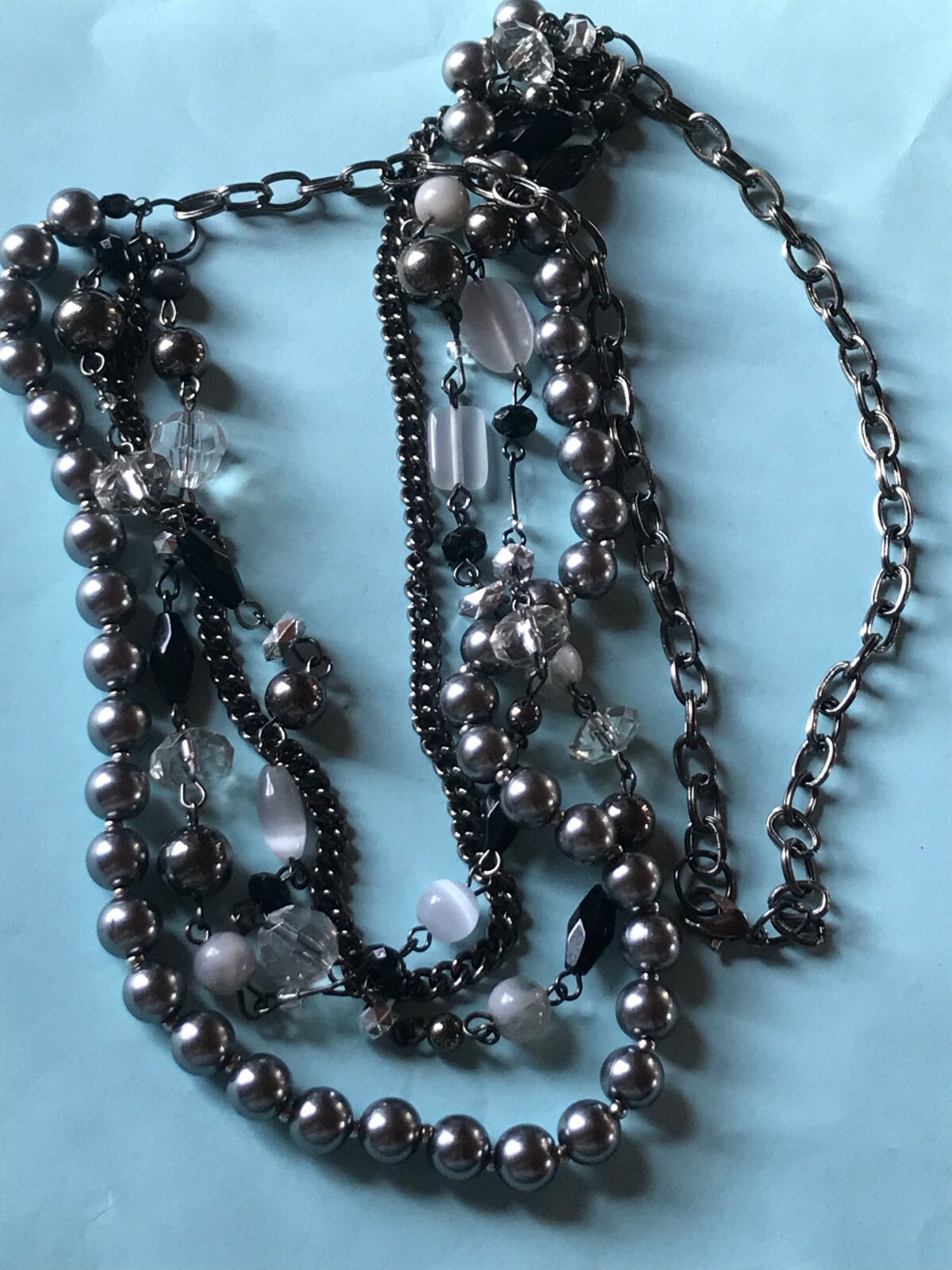 Long Oxidized Silvertone Chain w Multistrand Gray White & Black Beads Necklace