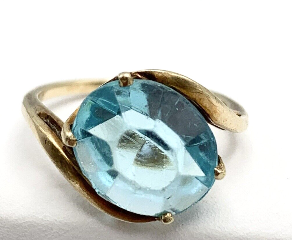 10K Yellow Gold Solitaire Blue Glass Cabochon Ring Size 6-1/2 & 3 Grams
