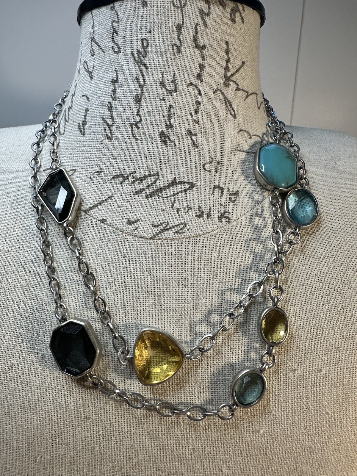 Chico’s Signed Silver Tone Station Chain Necklace Multicolor Bezel Crystal