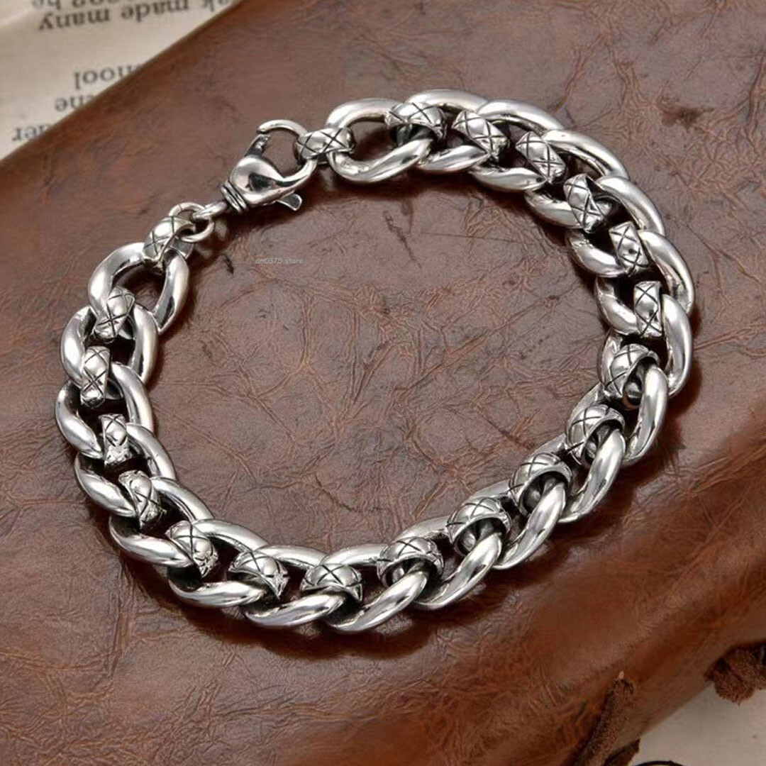 Real 925 Sterling Silver Bracelet Women Men 10.5mm Square Curb Link Bracelet