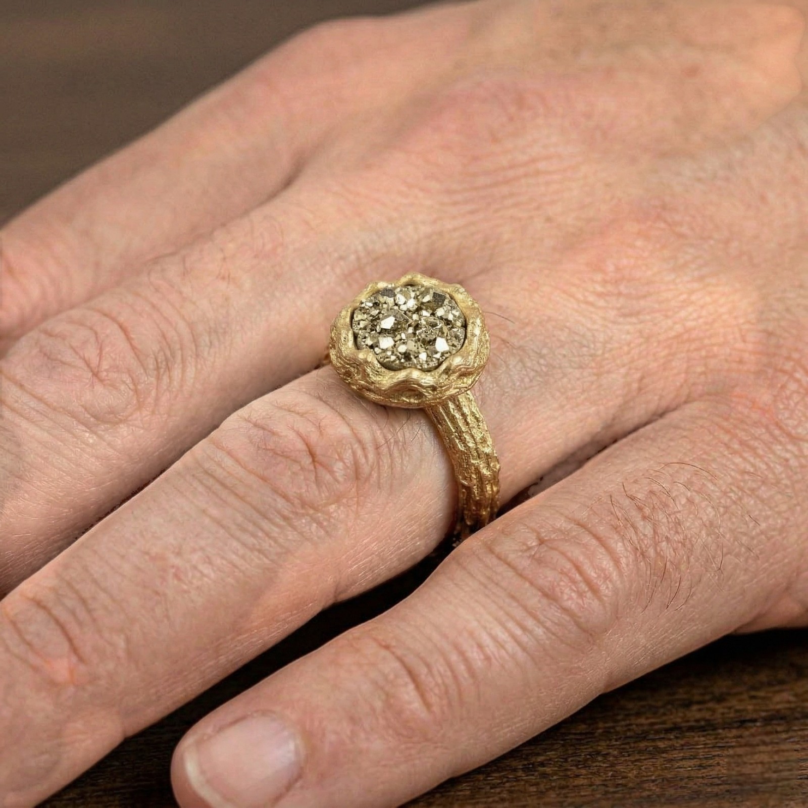 Raw Pyrite Ring , Druzy Pyrite Statement Ring, Rustic Textured Band Ring