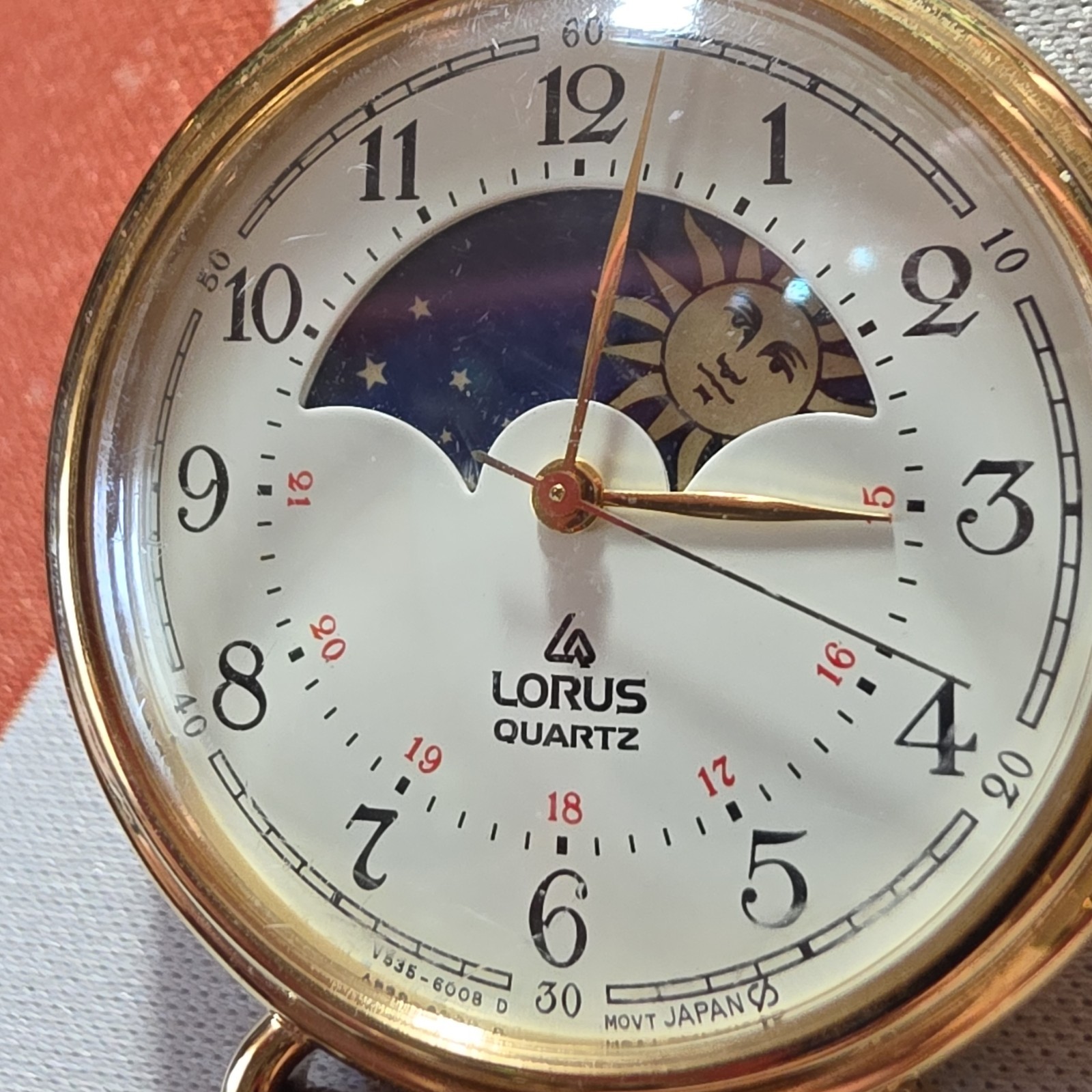 Lorus V535-6000 Quartz Celestial Sun/Moon Dial Gold Tone Brown Leather Watch