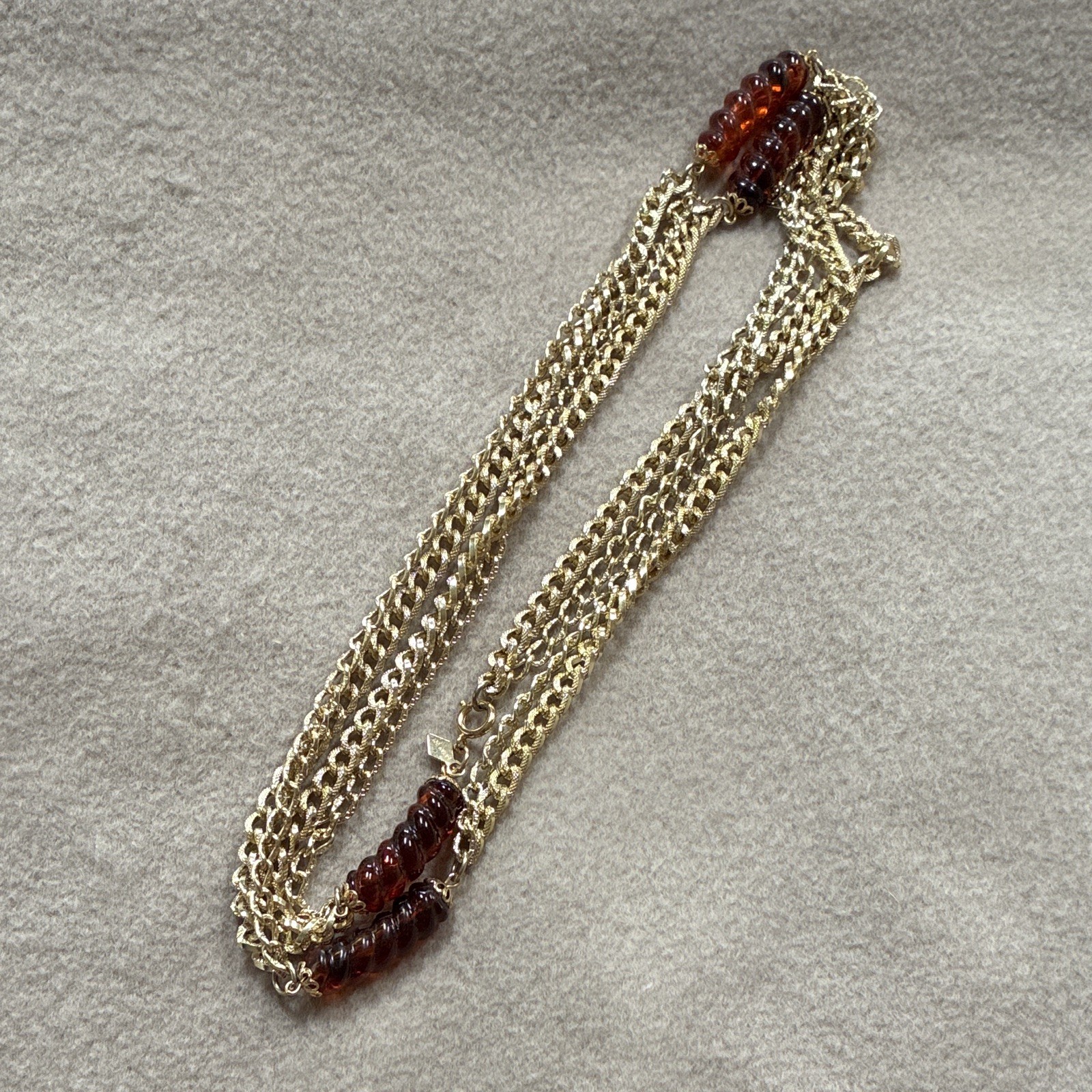 Gold-Tone Curb Link Chain Station Necklace w/Brown Round Beads, Spring Ring