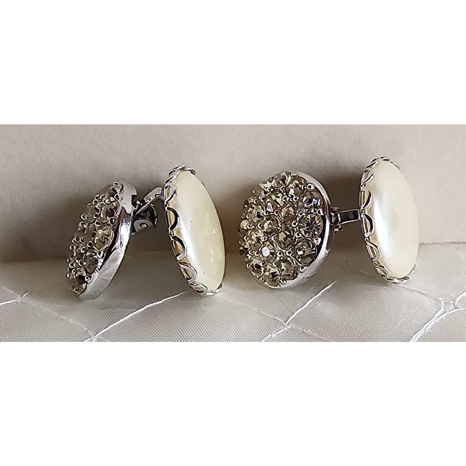Vintage Sarah Coventry Reversible Clip-On Earrings Faux Pearl Rhinestone Signed