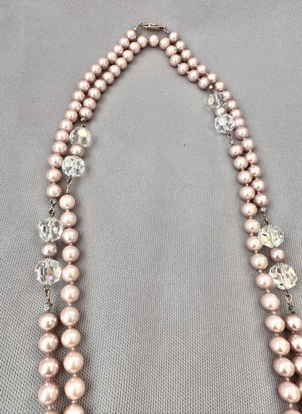 Vintage Elegant Long Dusty Pink Faux Pearl & Crystal Accent Bead Necklace-26 in