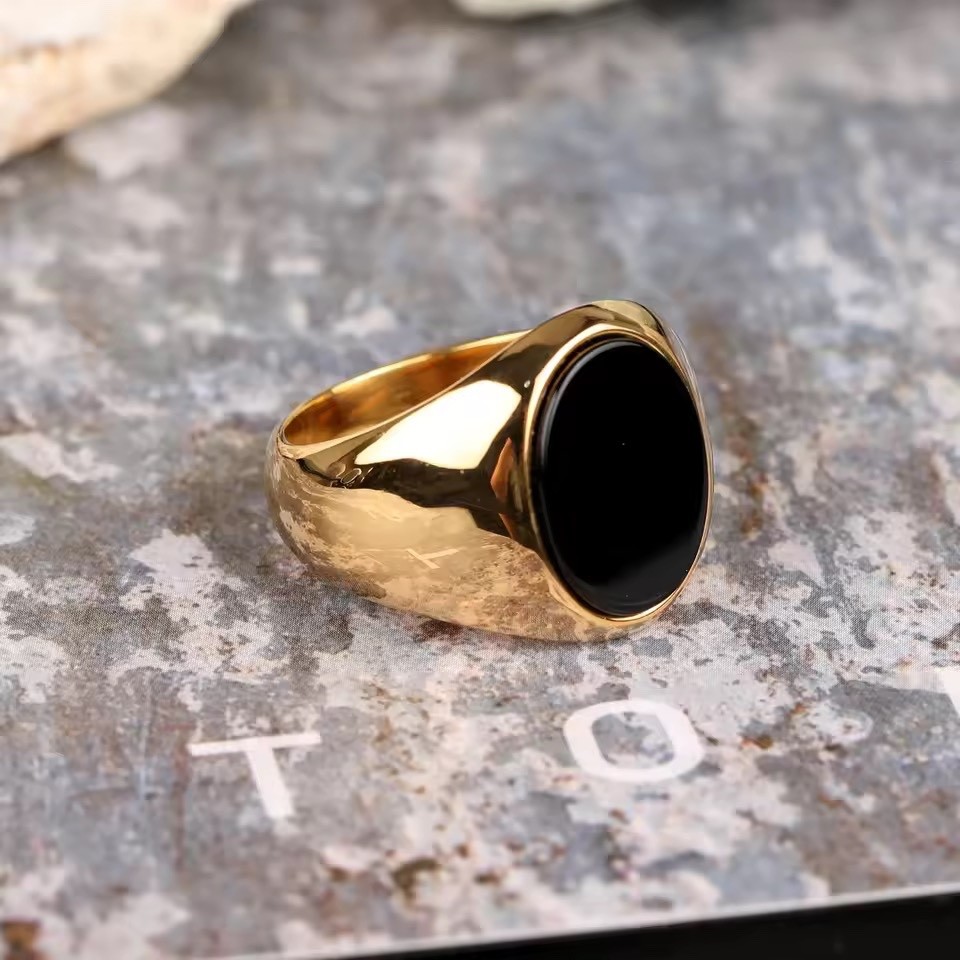 Men’s Ring High Quality 316L Stainless Steel Gold Silver Color Black Onyx Oval
