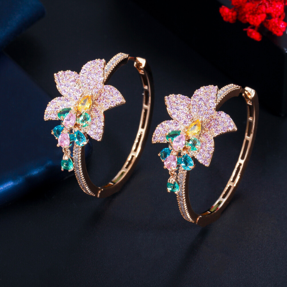 Black Gold Plated Purple CZ Large Round Dangle Drop Tassel Flower Hoop Earrings