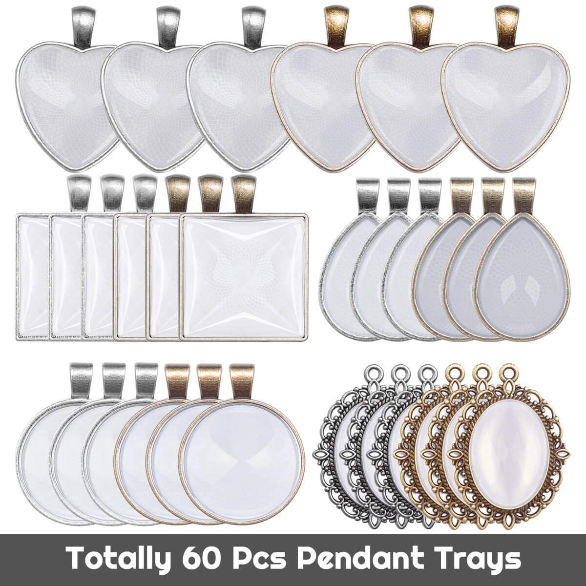 Anezus 60Pcs Pendant Trays, Bezel Trays Blanks Bronze,Clear,Silver
