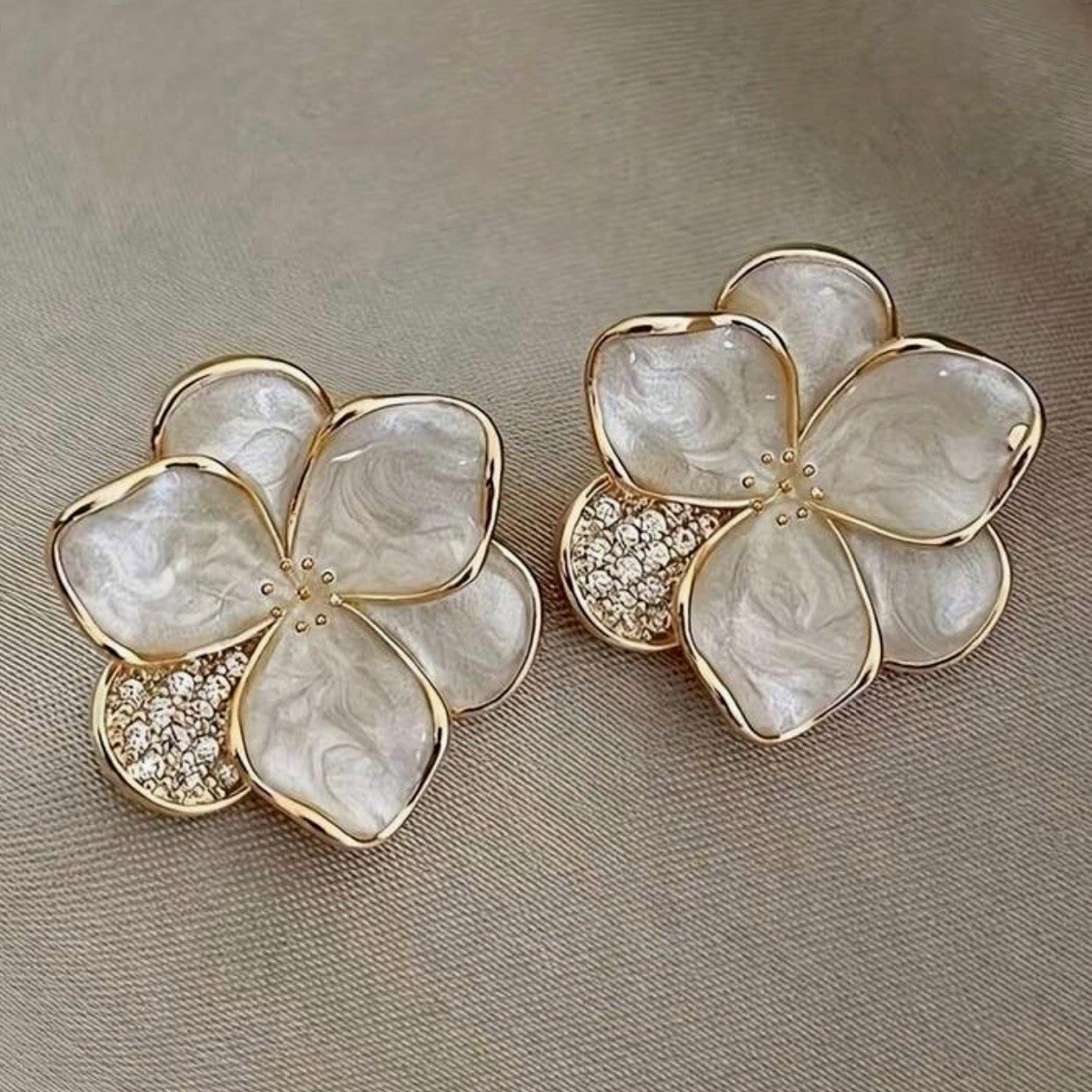 Gold-Plated Gold-Tone White Flower Crystal Pavé Stud Earrings, Butterfly