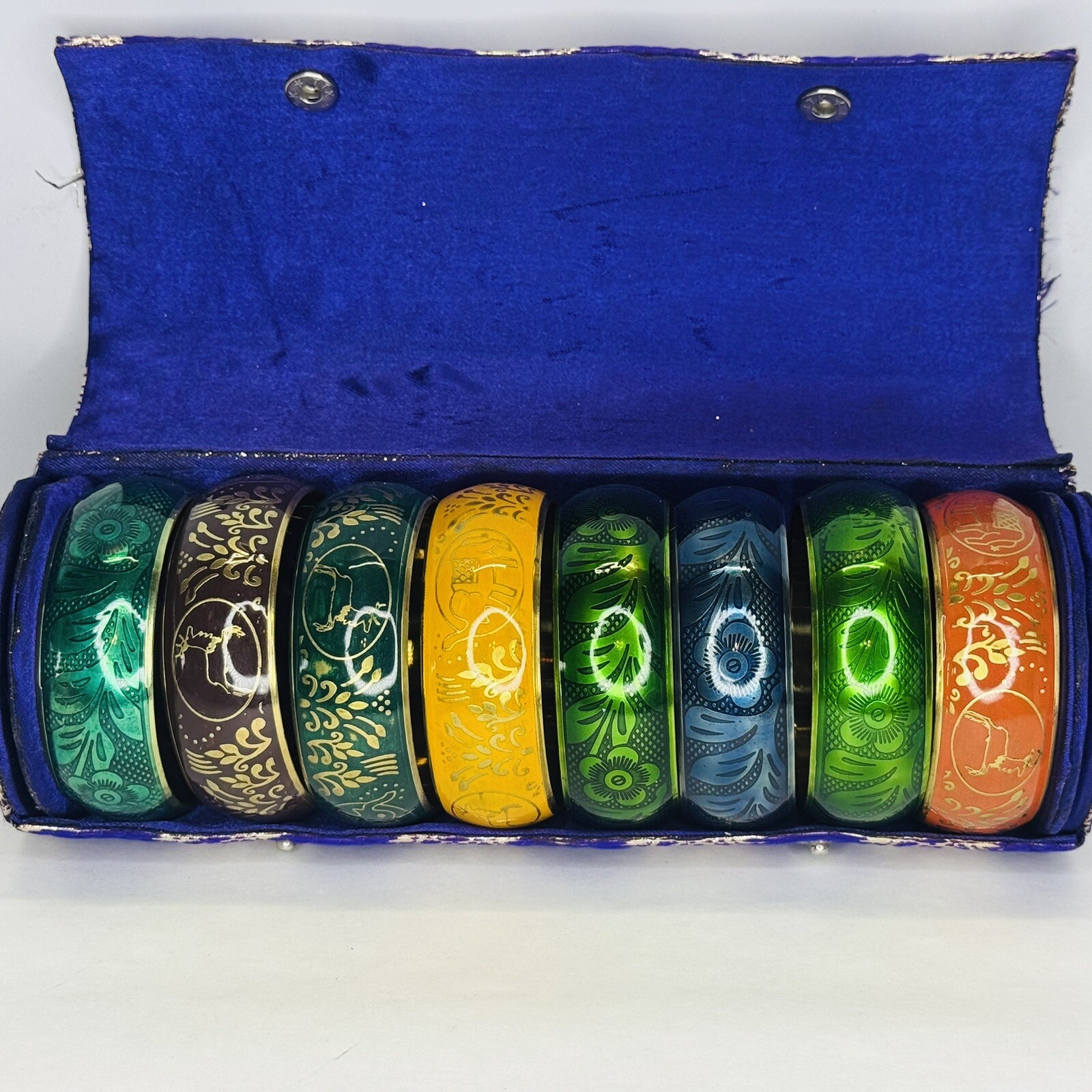 Floral Motif Bangle Bracelets Set of 8 with Case Orange Yellow Blue Green Brown