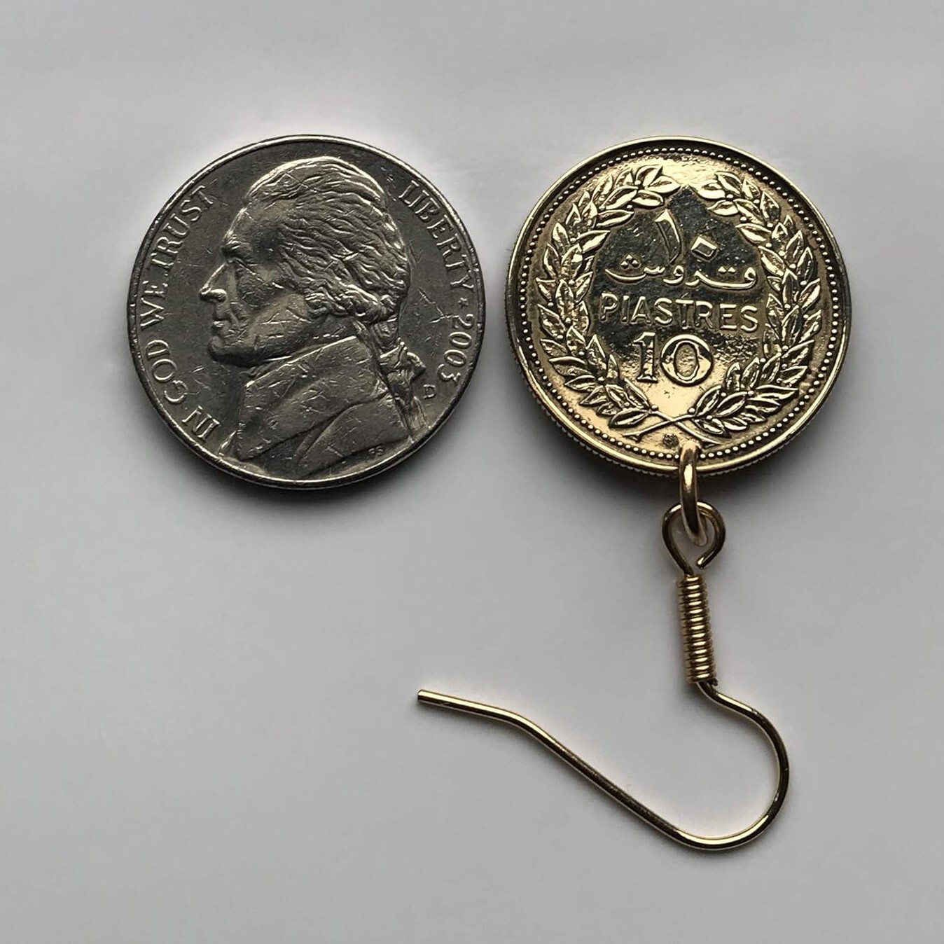 Lebanon Liban 10 Piastres coin earrings cedar tree Beirut Tripoli Baabda e000142