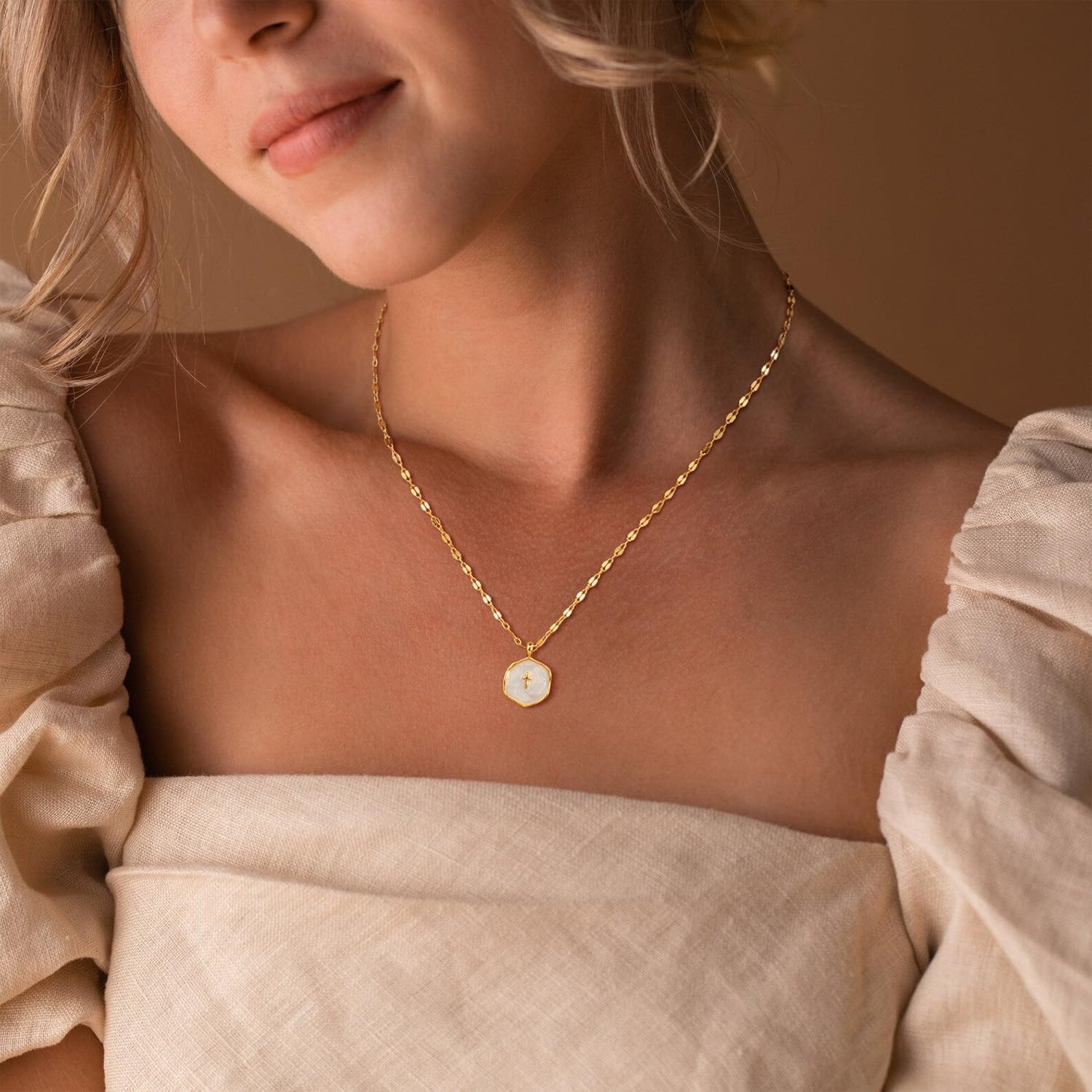 Cross Necklace for Women Dainty 14K Gold Plated Cross Coin Necklace Simple round