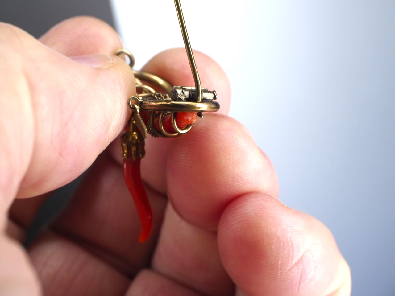 Antique double love knot brooch coral branch pin with dangles C-clasp jewelry